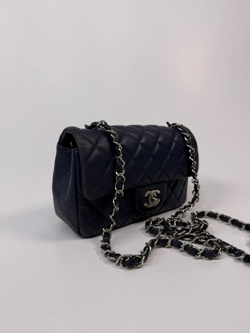 Chanel Mini Rectangle Flap Bag In Navy Lambskin With SHW