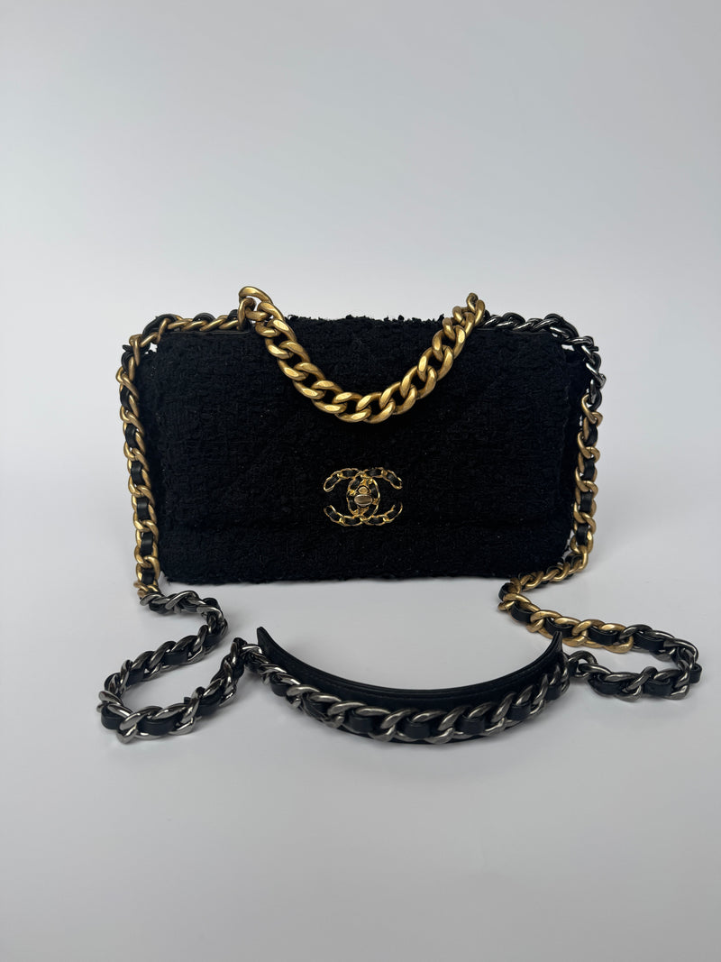 Chanel 19 Small In Black Bouclé Tweed