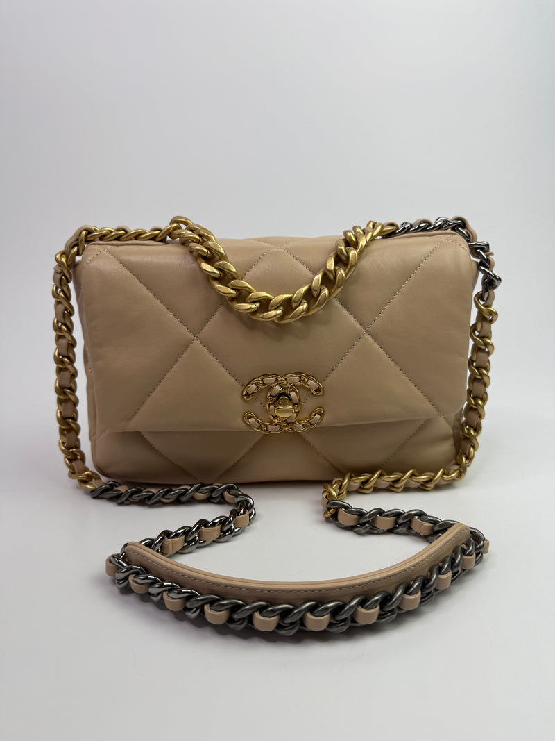 Chanel 19 Small Flap Bag In Beige Lambskin Leather