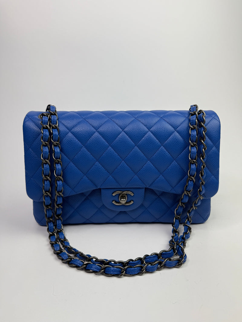 Chanel Jumbo Classic Double Flap In Blue Caviar Leather With RHW