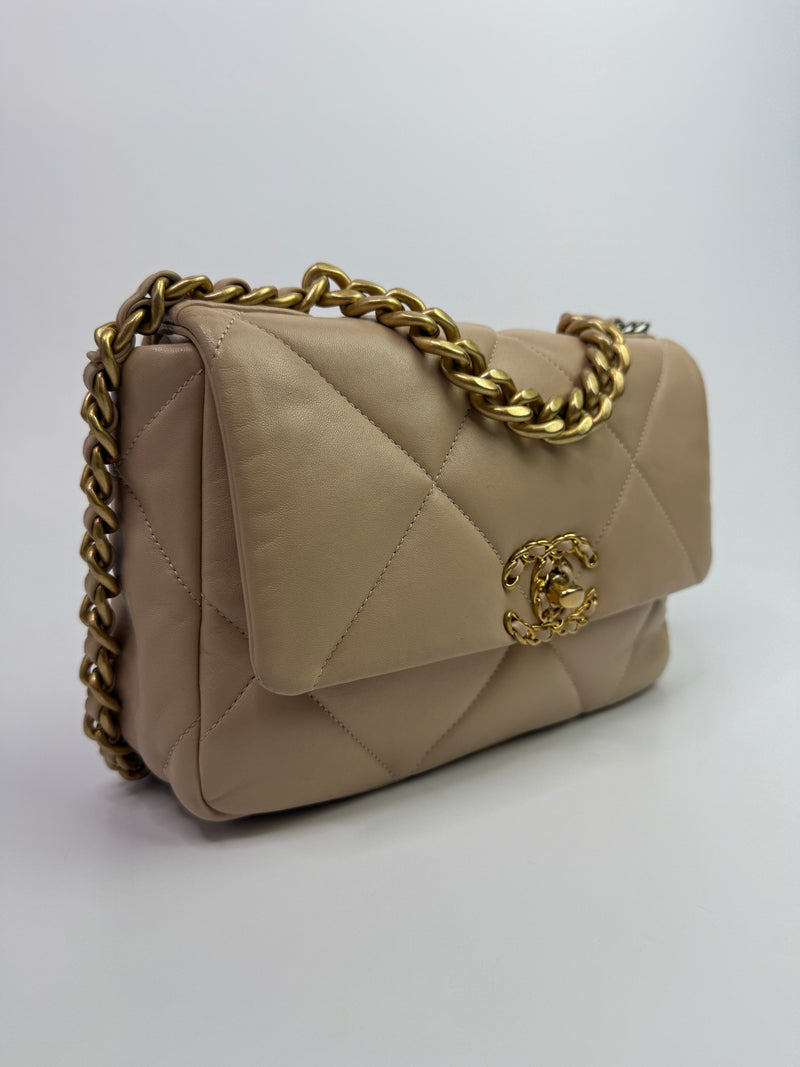 Chanel 19 Small Flap Bag In Beige Lambskin Leather