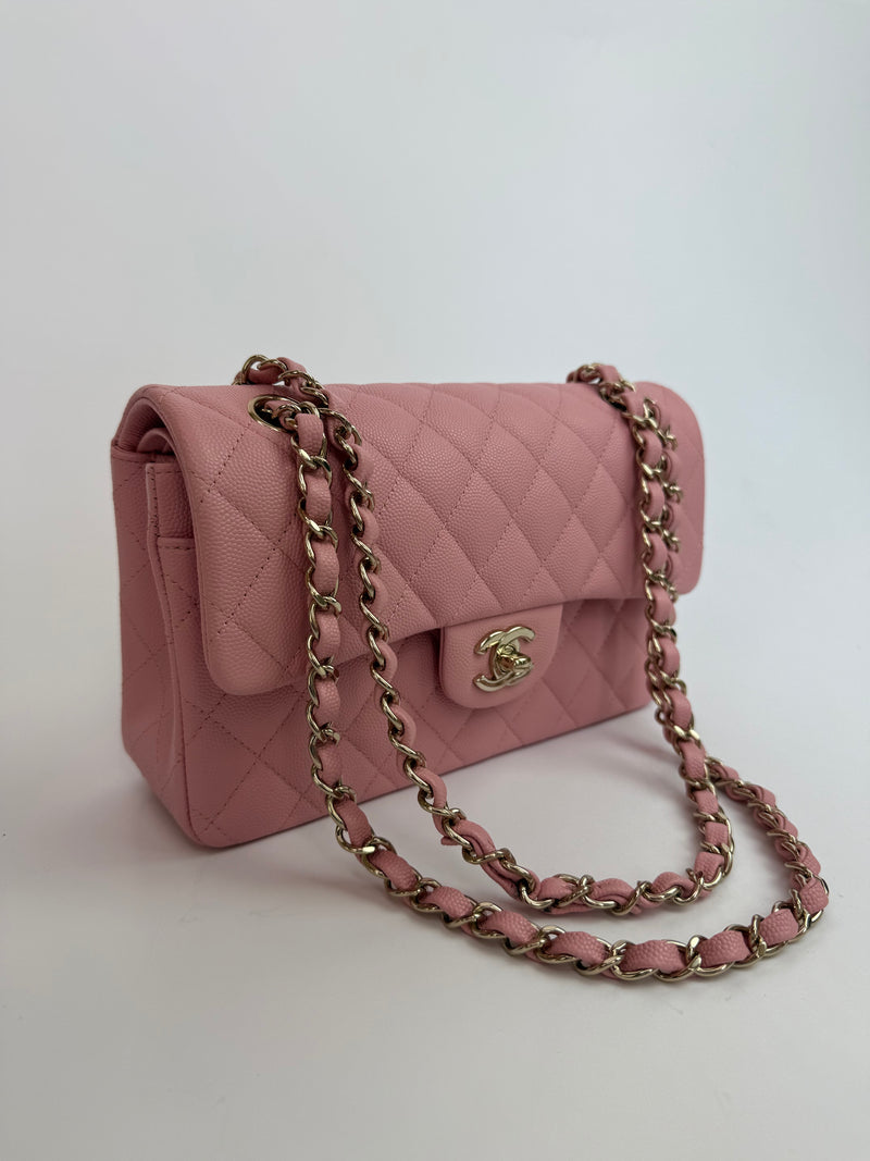 Chanel Small Classic Double Flap In Pink Caviar Leather With GHW