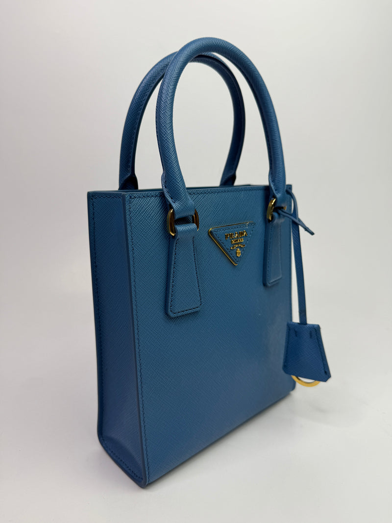 Prada Mini Tote In Powder Blue Saffiano Leather