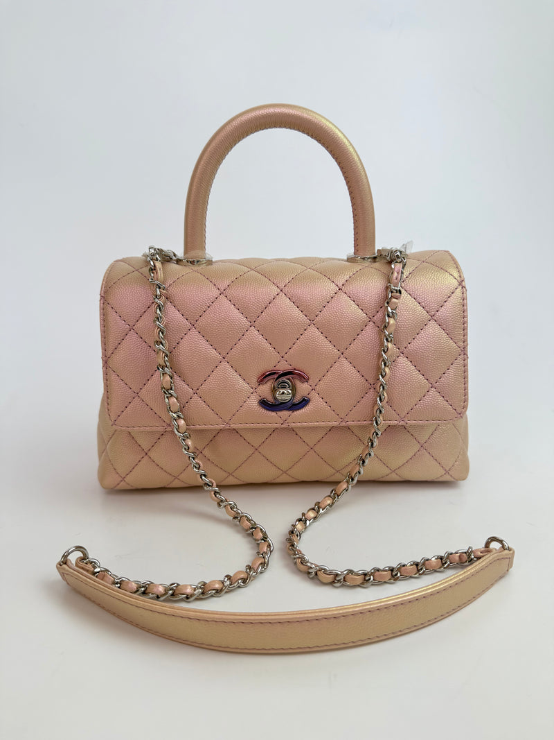 Chanel Small Coco In Iridescent Pink Caviar With Rainbow Hardware