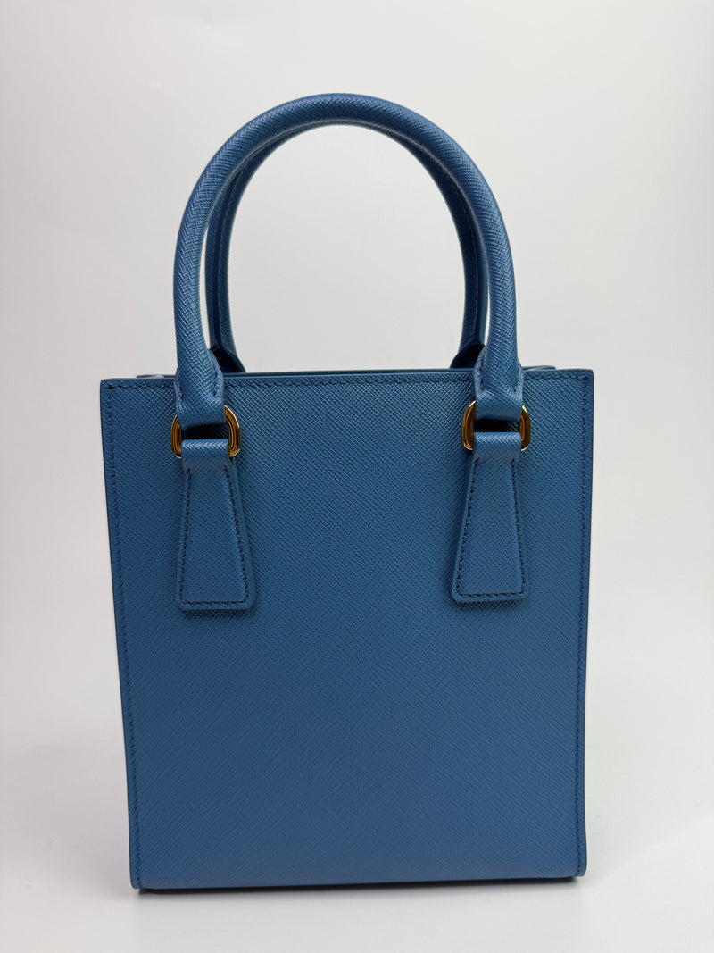 Prada Mini Tote In Powder Blue Saffiano Leather