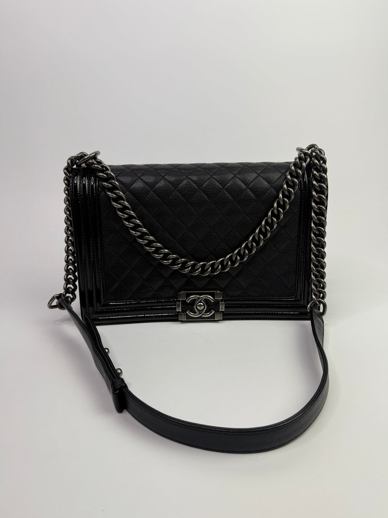 Chanel Boy Bag Large In Black Calfskin Leather SHW