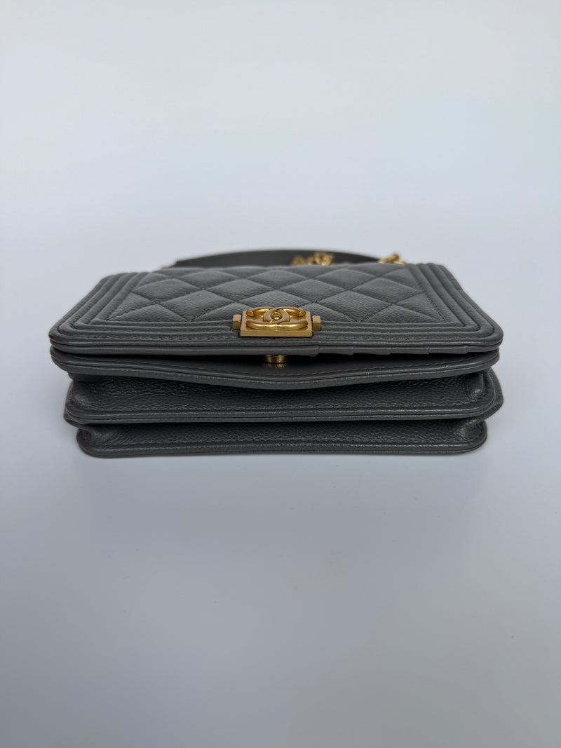 Chanel Boy Square Wallet On Chain In Grey Caviar GHW