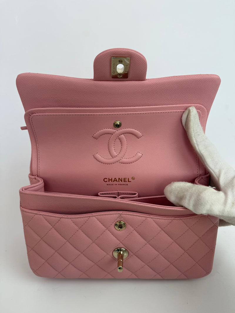 Chanel Small Classic Double Flap In Pink Caviar Leather With GHW