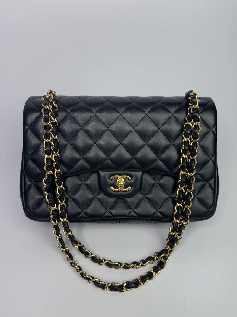 Chanel Black Lambskin Leather Jumbo Classic Double Flap GHW