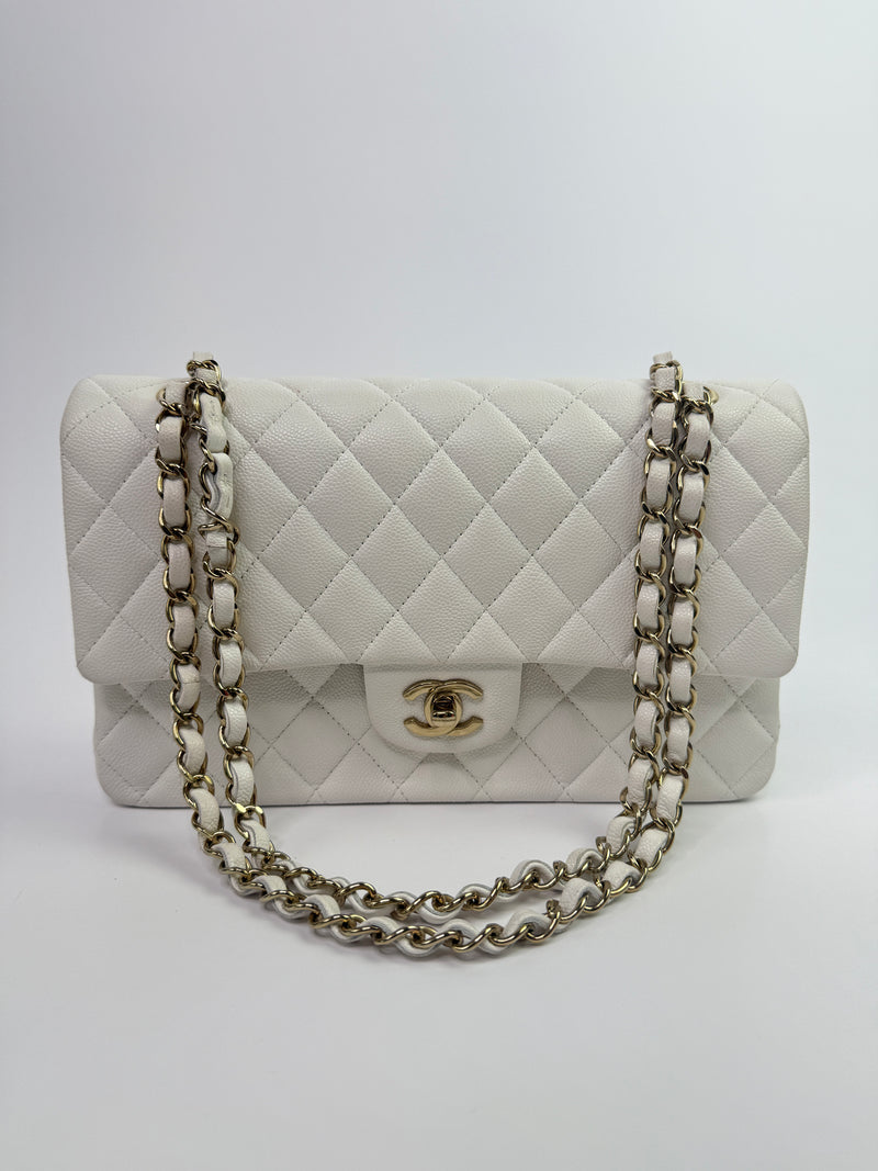 Chanel Medium Classic Double Flap White Caviar Leather With GHW