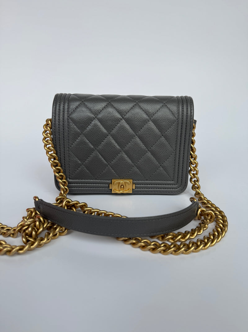 Chanel Boy Square Wallet On Chain In Grey Caviar GHW