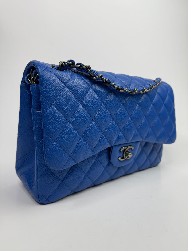 Chanel Jumbo Classic Double Flap In Blue Caviar Leather With RHW