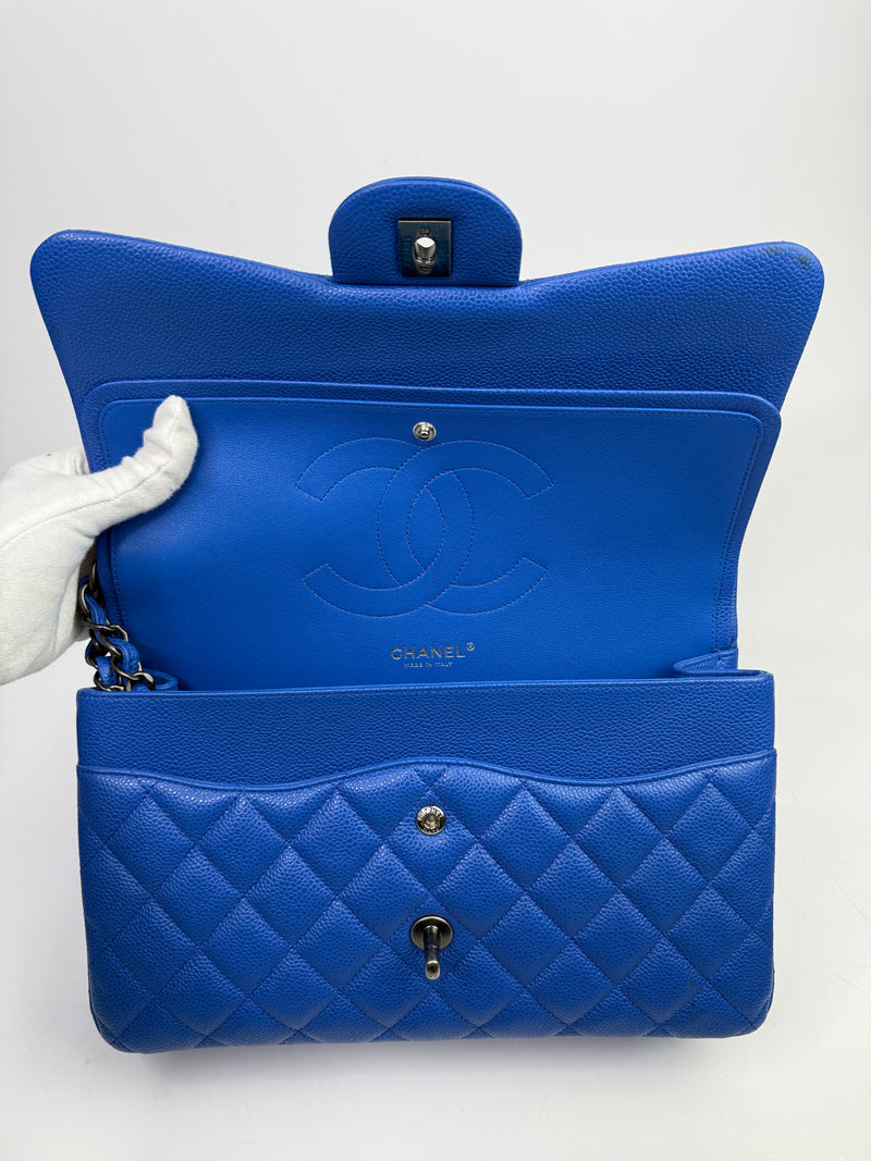 Chanel Jumbo Classic Double Flap In Blue Caviar Leather With RHW