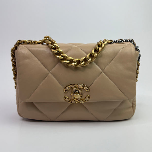 Chanel 19 Small Flap Bag In Beige Lambskin Leather