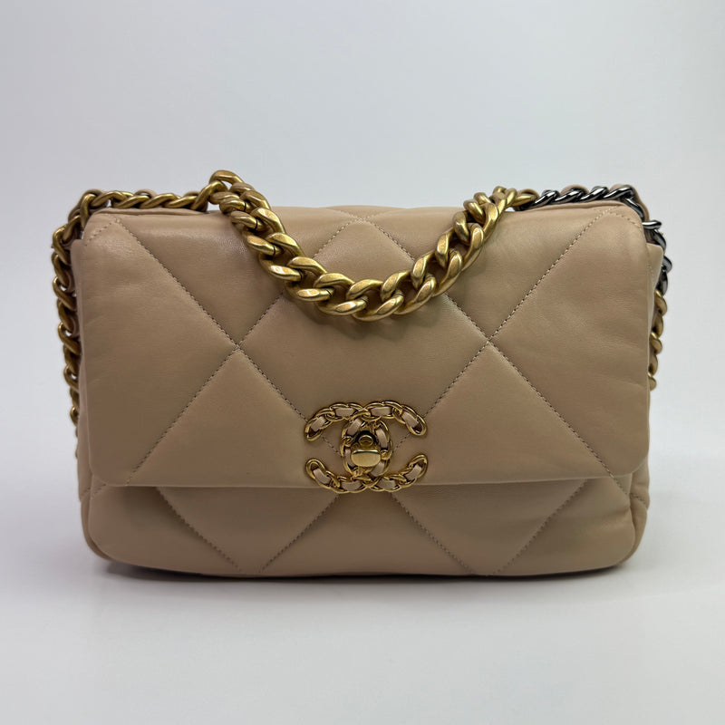 Chanel 19 Small Flap Bag In Beige Lambskin Leather