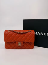 Chanel Small Classic Double Flap In Orange/Red Caviar Leather With PGHW