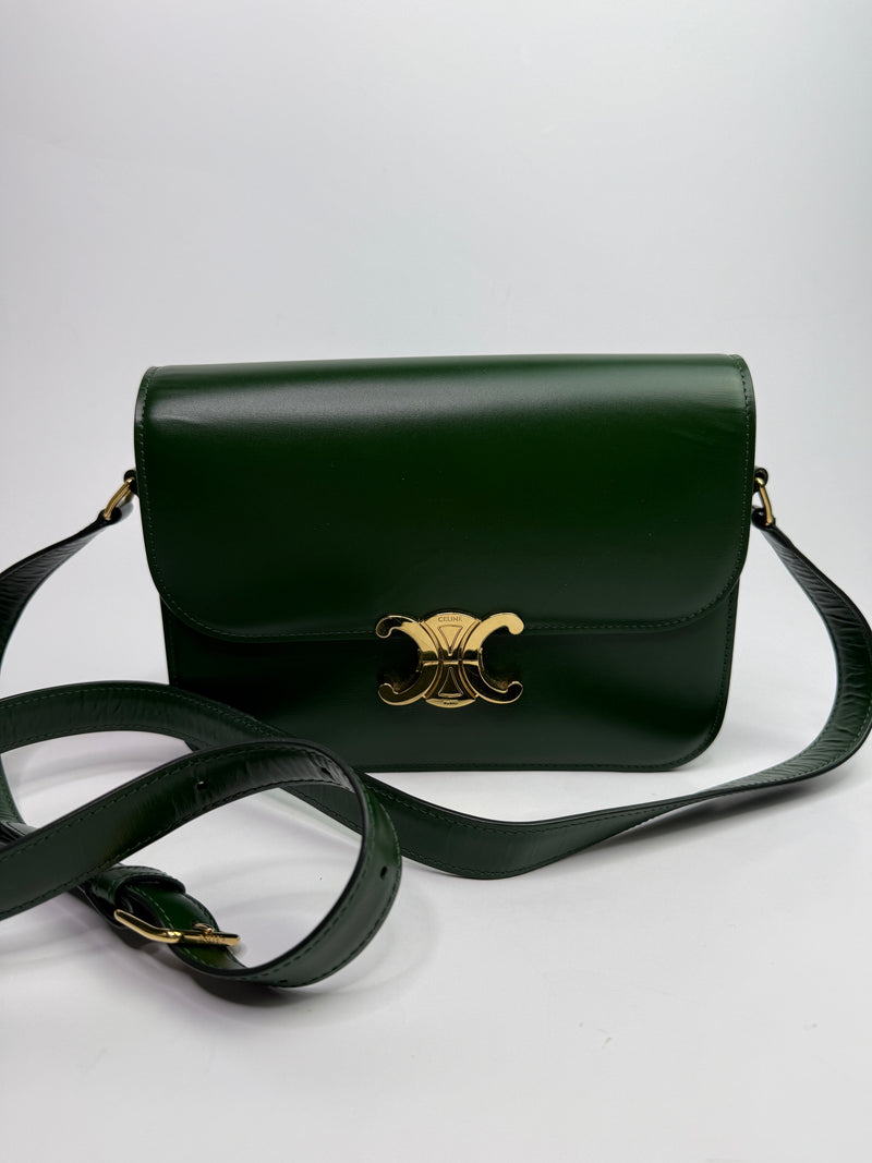 Celine Classique Medium Triomphe Bag In Green Calfskin