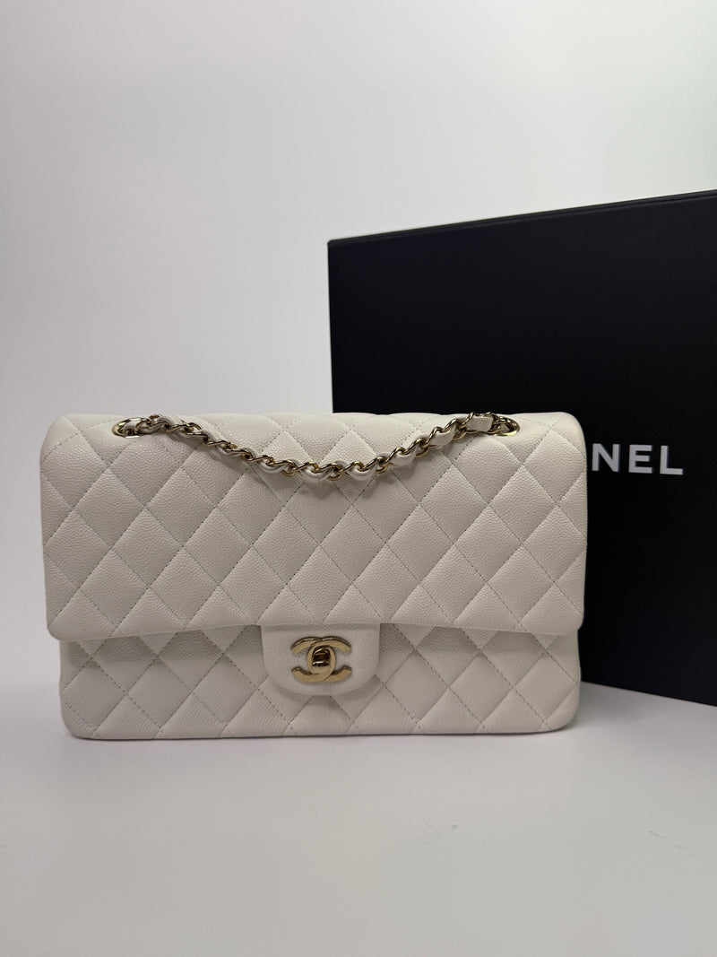 Chanel Medium Classic Double Flap White Caviar Leather With GHW