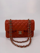 Chanel Small Classic Double Flap In Orange/Red Caviar Leather With PGHW