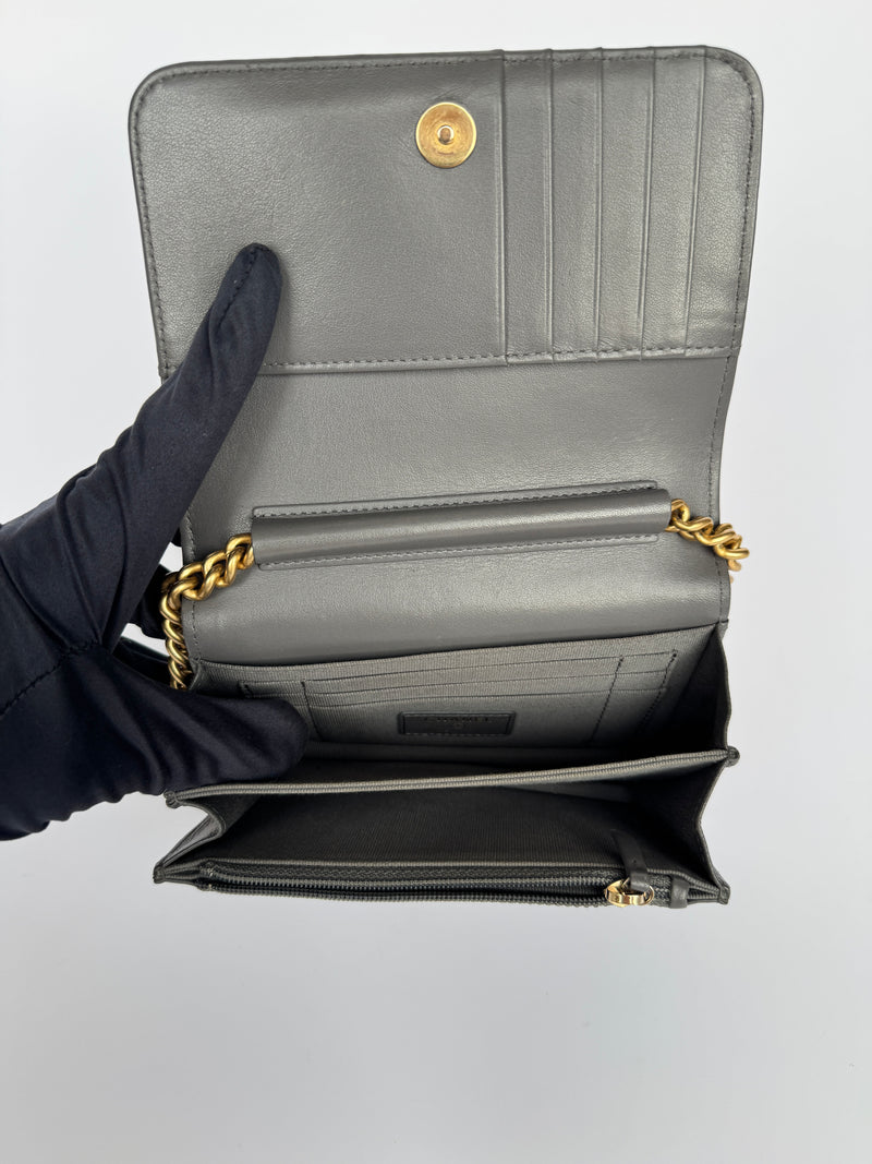 Chanel Boy Square Wallet On Chain In Grey Caviar GHW