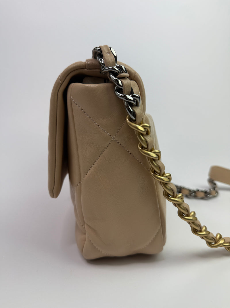 Chanel 19 Small Flap Bag In Beige Lambskin Leather