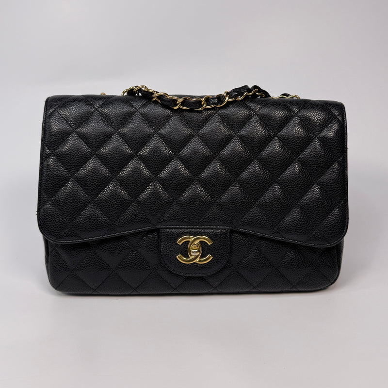 Chanel Classic Jumbo Single Flap In Black Caviar Leather With GHW