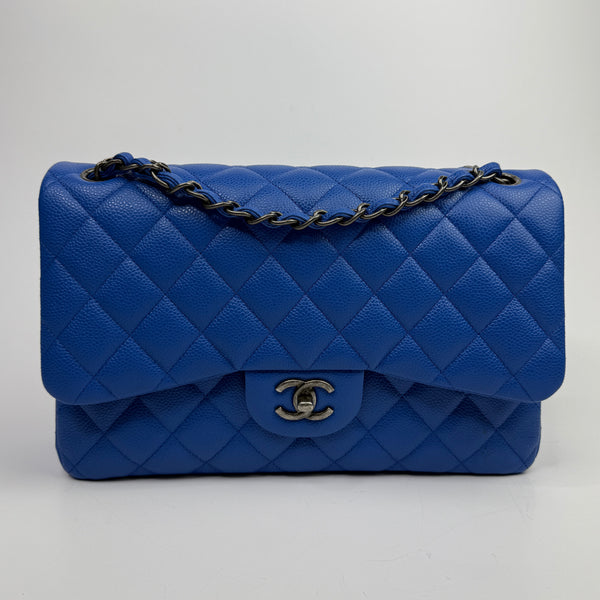 Chanel Jumbo Classic Double Flap In Blue Caviar Leather With RHW