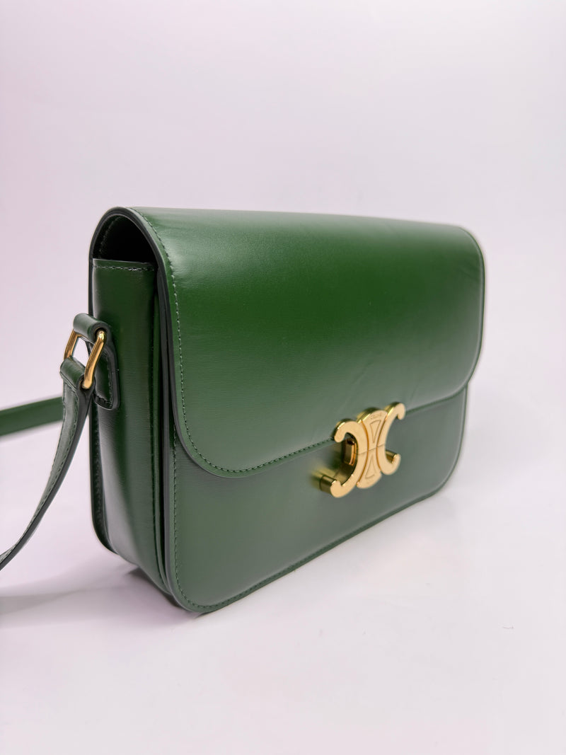 Celine Classique Medium Triomphe Bag In Green Calfskin
