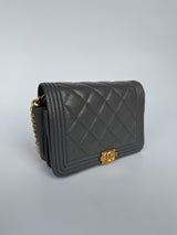 Chanel Boy Square Wallet On Chain In Grey Caviar GHW