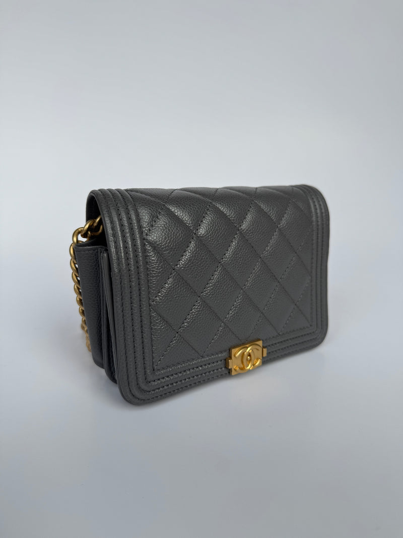 Chanel Boy Square Wallet On Chain In Grey Caviar GHW