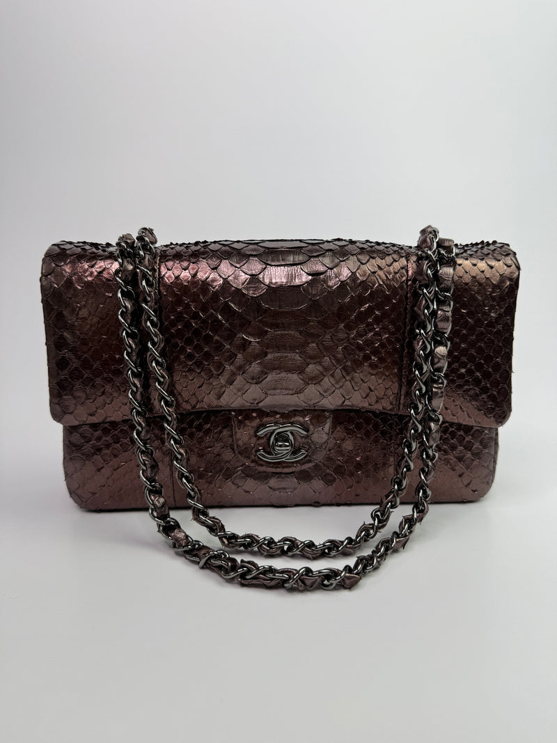 Chanel Medium Double Flap Bag In Brown Python With SHW