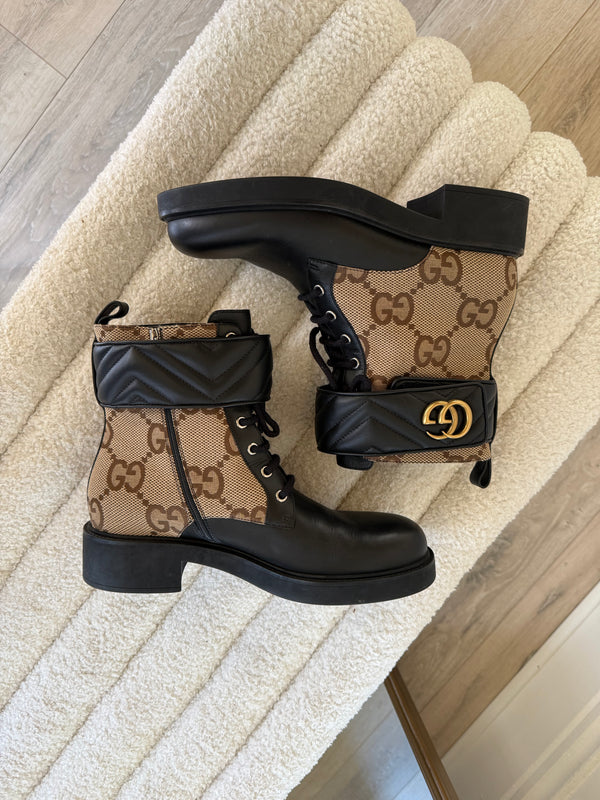 Gucci Logo Plaque Monogram Panelled Ankle Boots (Size 41/UK7)