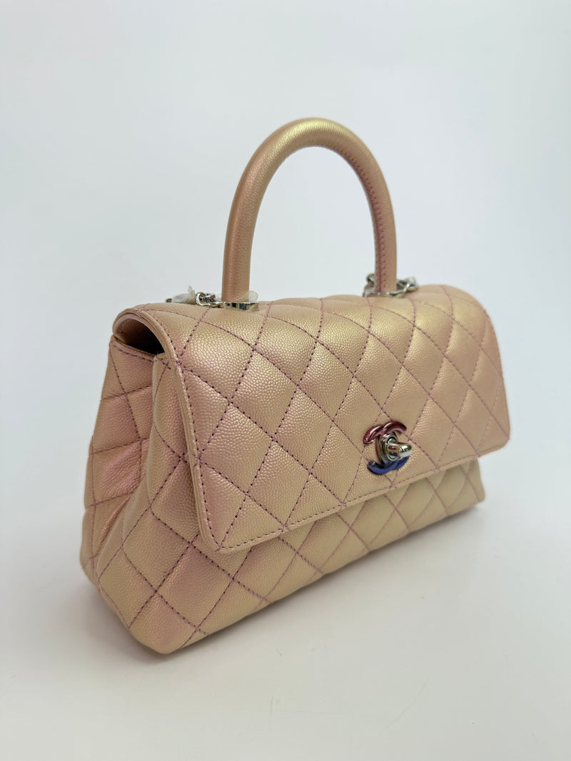 Chanel Small Coco In Iridescent Pink Caviar With Rainbow Hardware