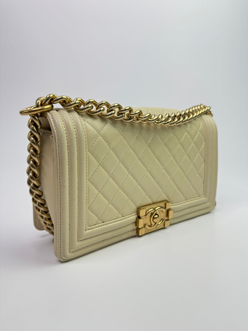 Chanel Boy Bag Medium In Cream Lambskin GHW