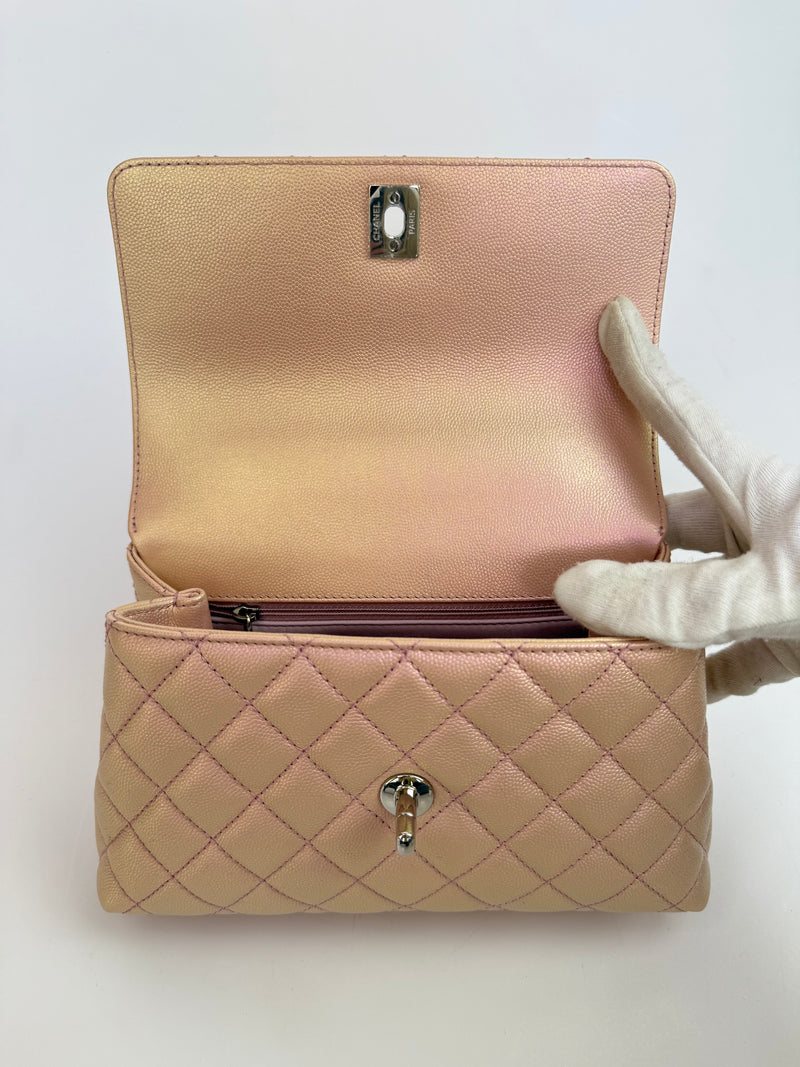 Chanel Small Coco In Iridescent Pink Caviar With Rainbow Hardware
