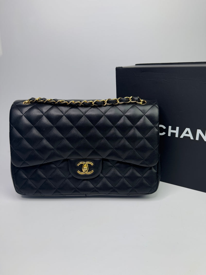 Chanel Black Lambskin Leather Jumbo Classic Double Flap GHW