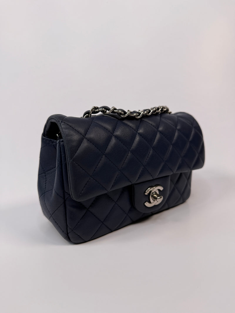 Chanel Mini Rectangle Flap Bag In Navy Lambskin With SHW