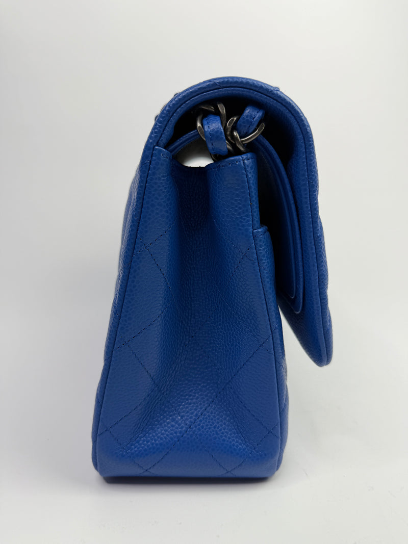 Chanel Jumbo Classic Double Flap In Blue Caviar Leather With RHW